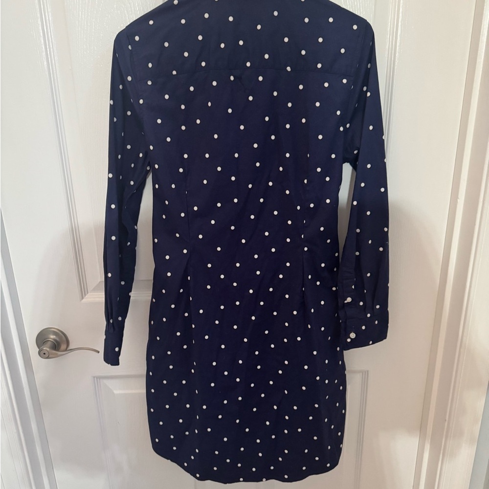 UNTUCKit Navy and White Polka Dot Shirt Dress, tie front - Picture 3 of 7